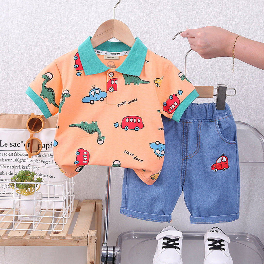 Boys Car Bus Printed Polo T-Shirt With Denim Shorts Sets Orange 1-2 Y 
