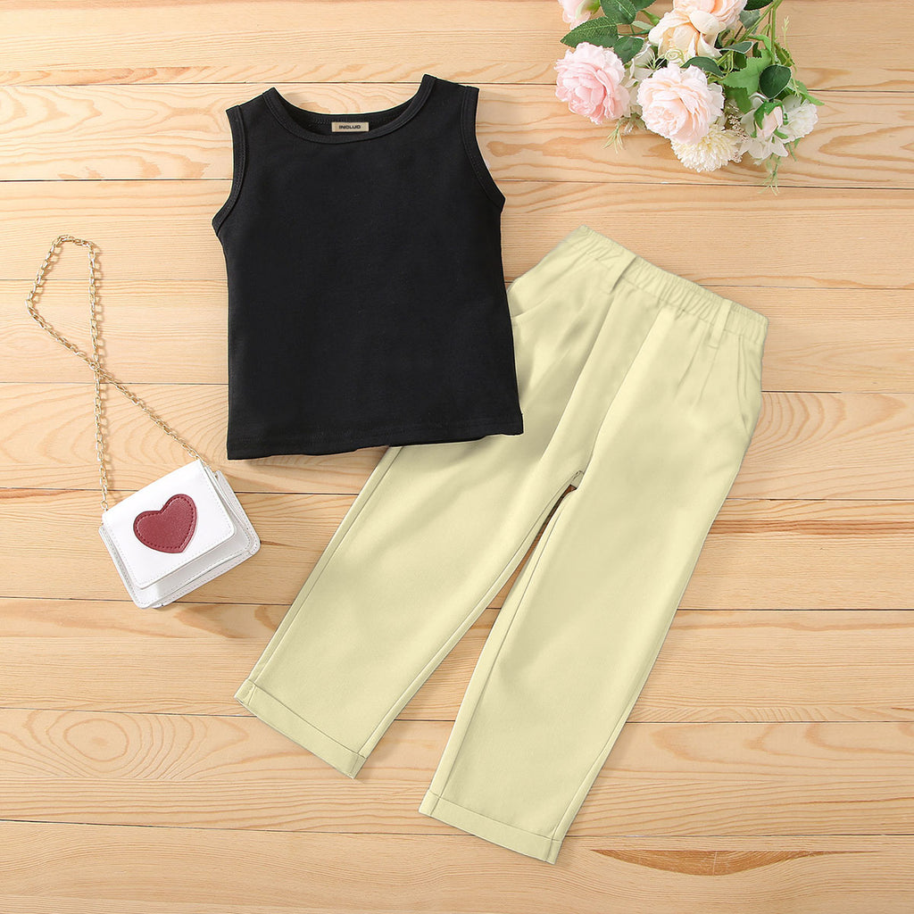 Girls Sleeveless Tank Top With Pants Sets Black 1-2 Y