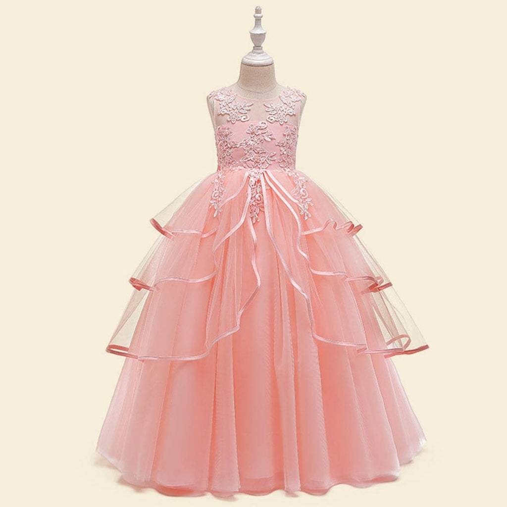 Girls Pink Embroidered Layered Tulle Gown Party Dresses Pink 4-5 Y 