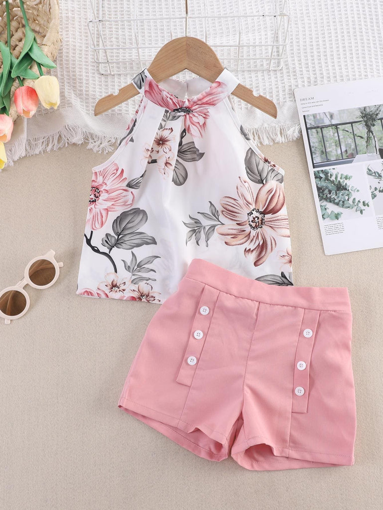 Girls Pink Printed Halter Neck with Solid Shorts Set Sets Pink 1-2 Y 
