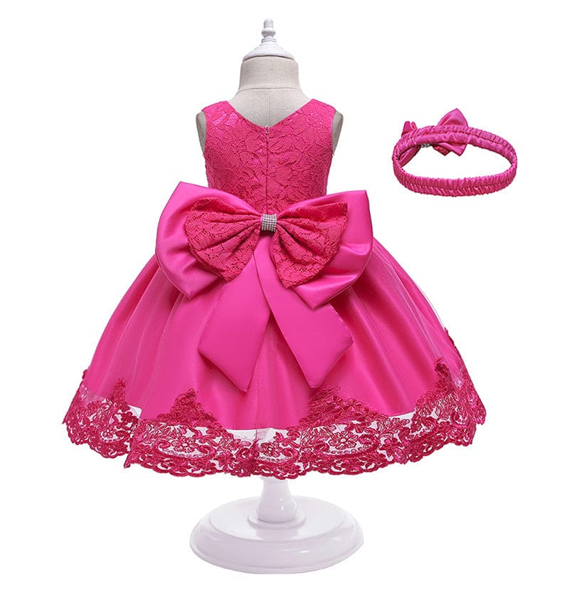 Girls Rose Red Bow Embellished Lace Partywear Dress With Headband Party Dresses Pink 1-2 Y 