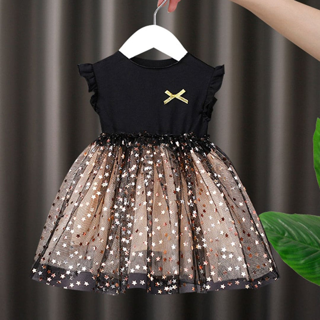 Girls Sleeveless Star Foil Print Tulle Overlay Dress Casual Dresses Black 1-2 Y 