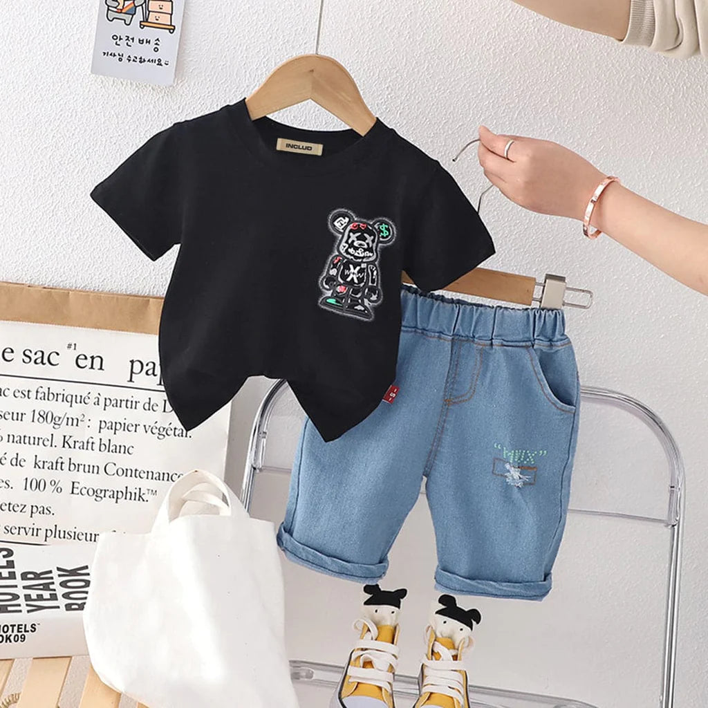 Boys Graphics Print T-Shirt With Denim Shorts Sets Black 1-2 Y 