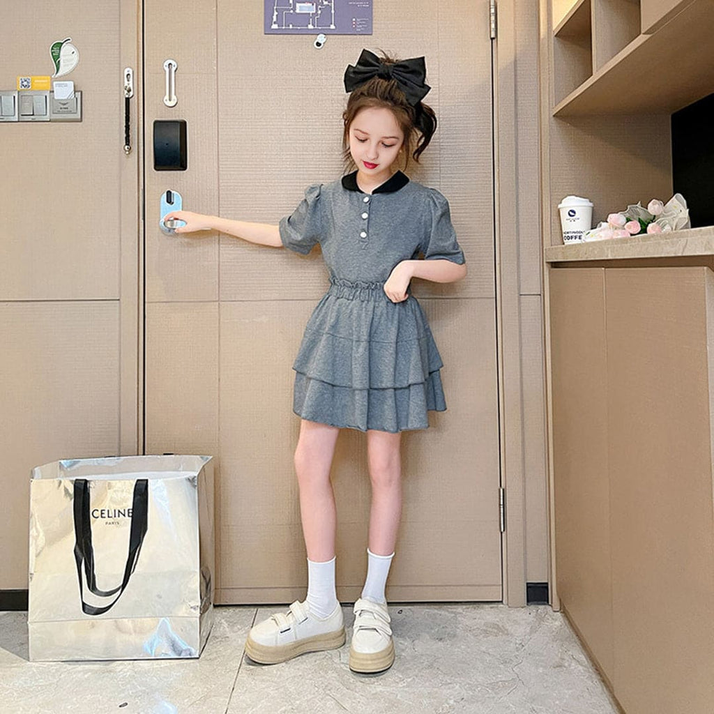 Girls Gray Polo Neck T-Shirt With Elasticated Skirt Set Sets Gray 4-5 Y 