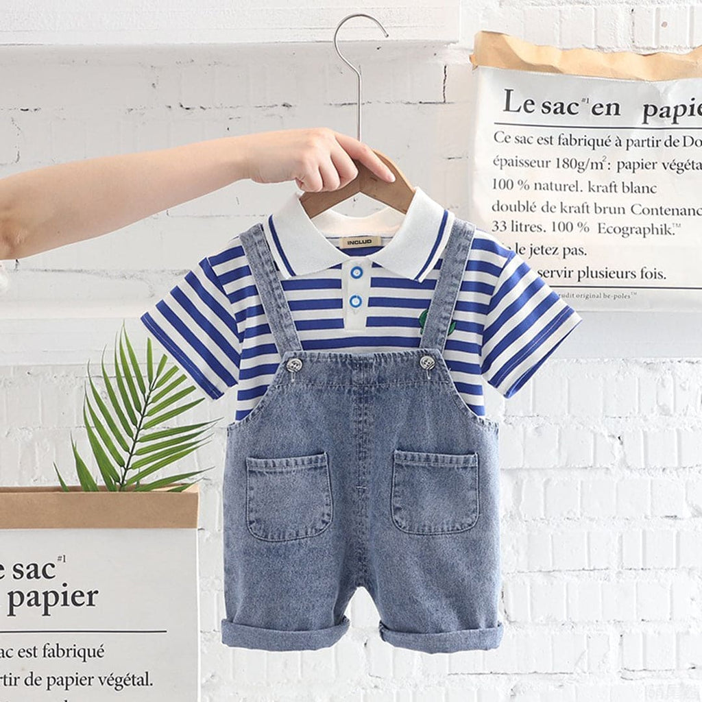 Boys Blue Striped Polo T-shirt with Denim Dungaree Set Sets Blue 1-2 Y 