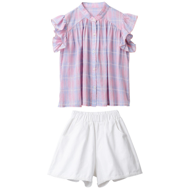 Girls Flared Sleeve Plaid Top With Shorts Set 2 pc. Sets Pink 3-4 Y 