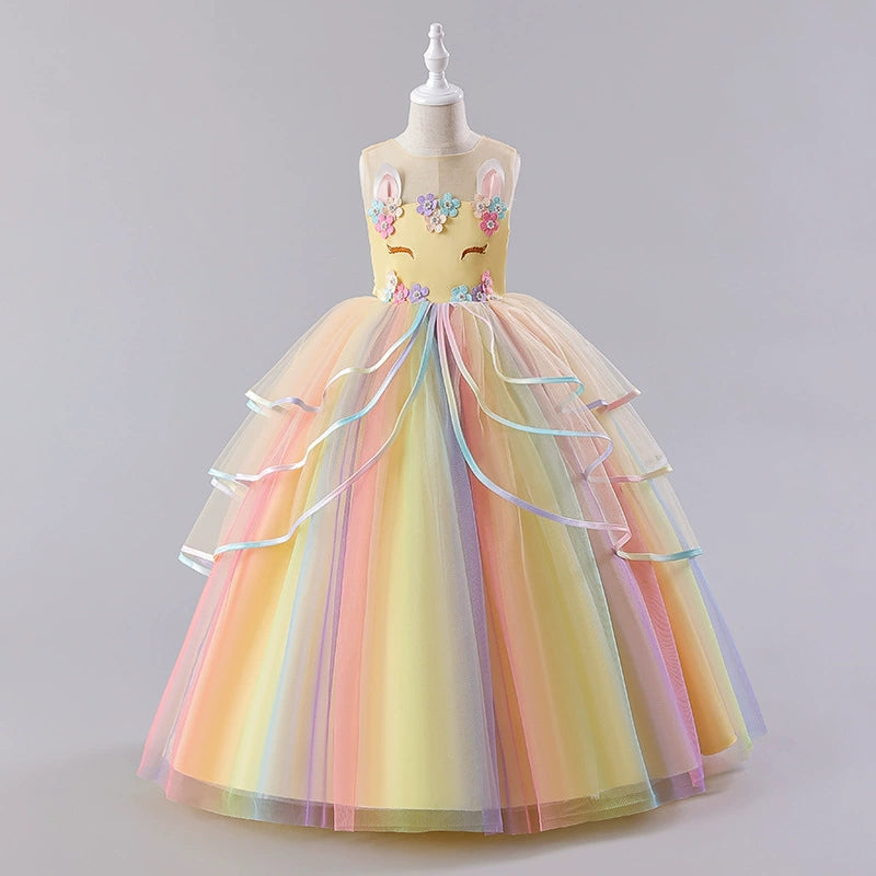 Girls Balloon Shape Flower Applique Party Dress Party Dresses Yellow 4-5 Y