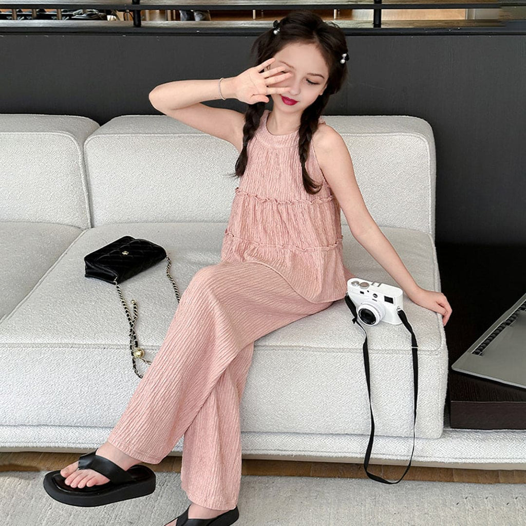 Girls Pink A-line Sleeveless Top With Wide Leg Pants Set Sets Pink 3-4 Y 