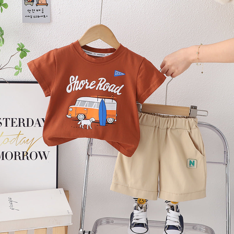 Boys Car Graphic T-Shirt With Elasticated Shorts 2 pc. Sets Brown 1-2 Y 