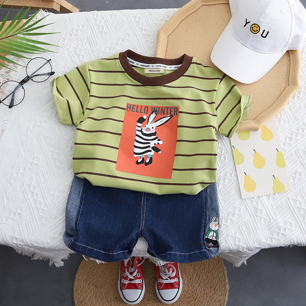 Boys Stripes Graphics T-Shirt & Denim Shorts Sets Green 1-2 Y 