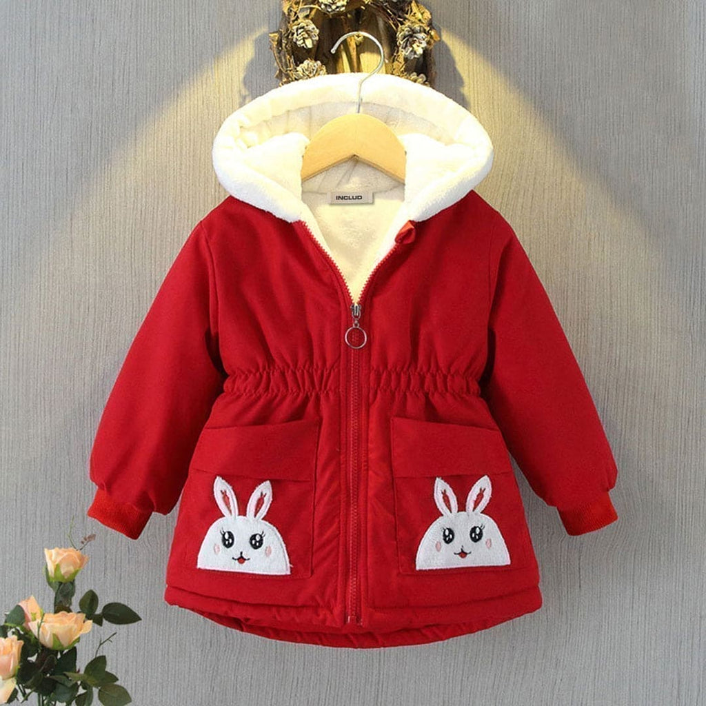 Girls Red Cartoon Patch Fleece Hooded Jacket Coats & Jackets Red 1-2 Y
