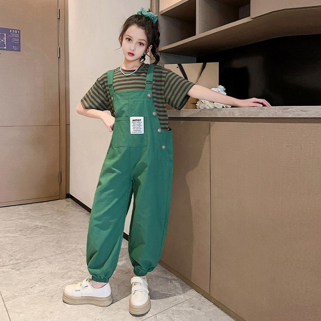Girls Striped T-Shirt With Long Length Dungaree Set Sets Green 3-4 Y 