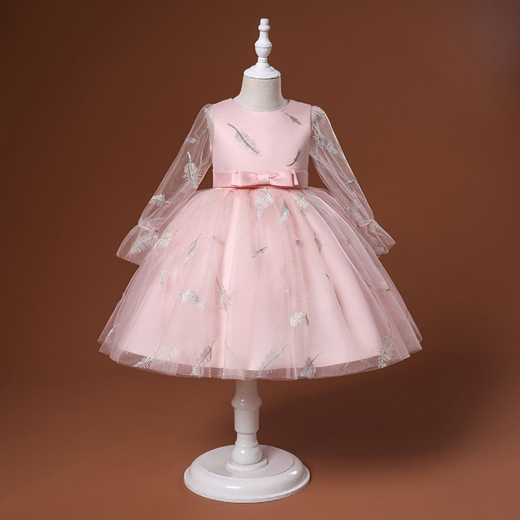Girls Embroidered Full Sleeves Tulle Party Dress Party Dresses Pink 4-5 Y 