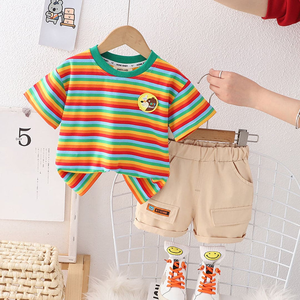 Boys Multicolor Stripes T-Shirt & Flap Shorts Sets Multicolor 1-2 Y 