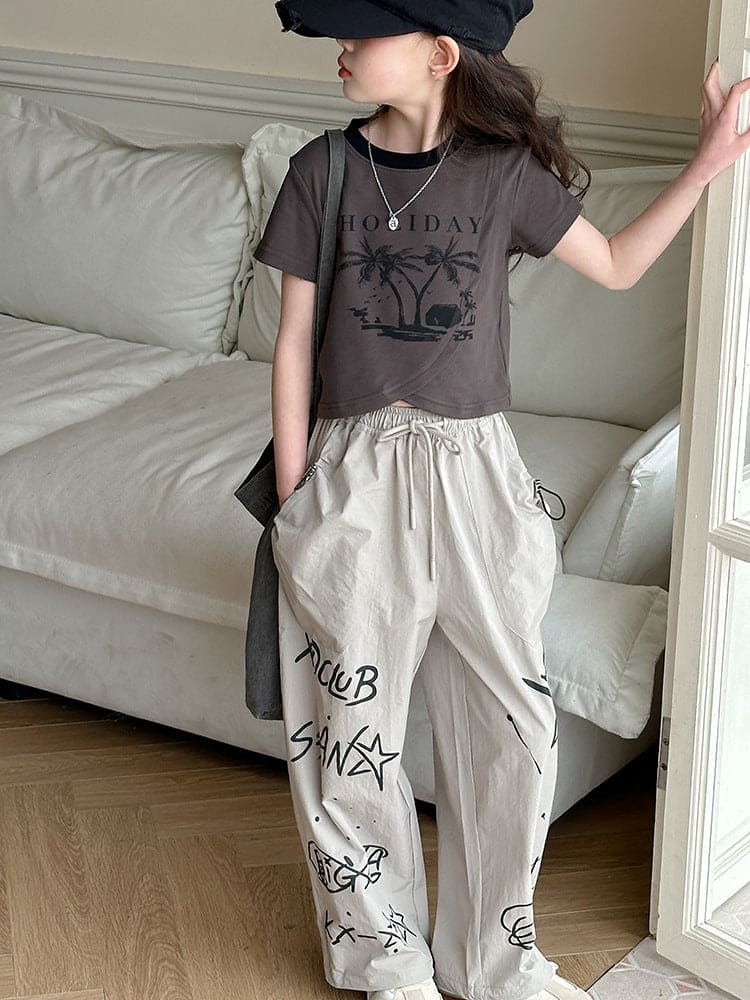 Girls Printed T-Shirt With Straight Pants Set Sets Grey 6-7 Y 
