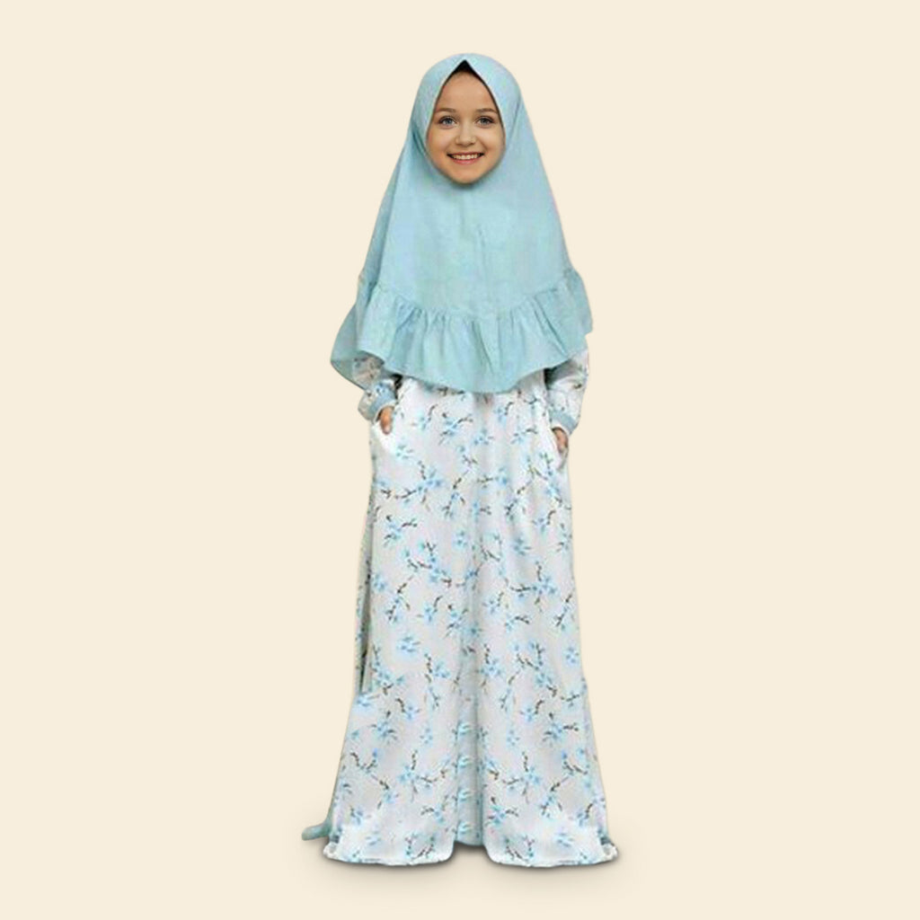 Girls Long Sleeve Floral Printed Dress With Head Scarf Casual Dresses Blue 1-2 Y 