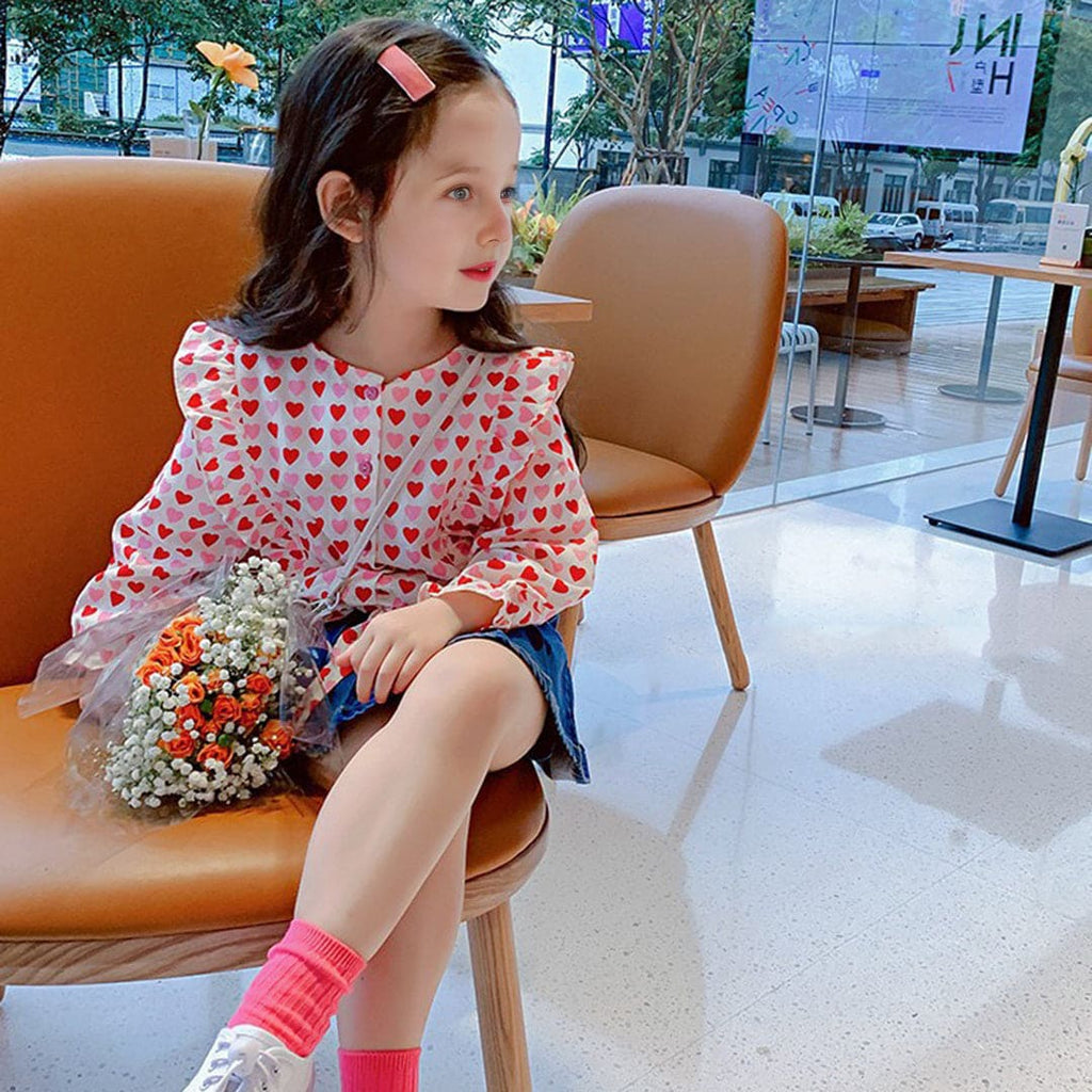 Girls Heart Print Shirt With Pleated Denim Skirt Sets Pink 2-3 Y 