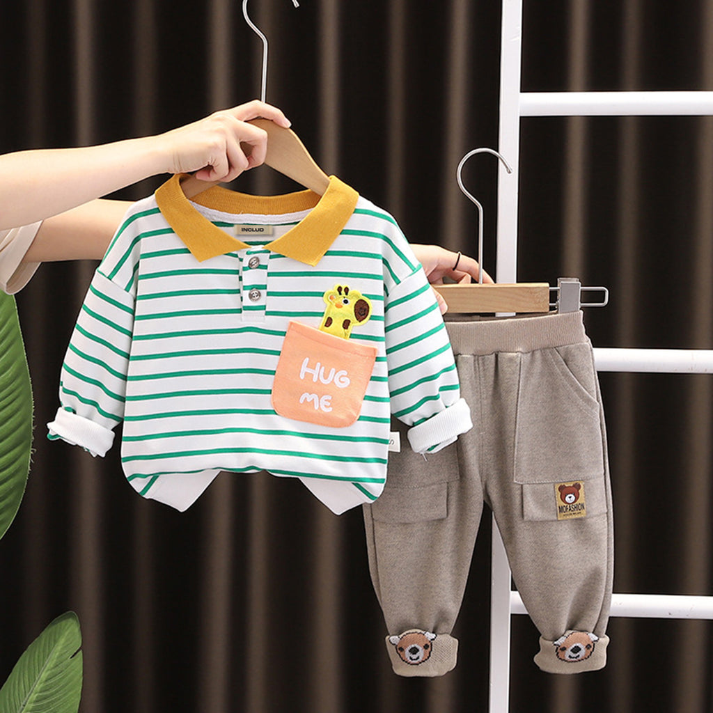 Boys Striped Polo T-shirt with Joggers Set Sets Green 1-2 Y 