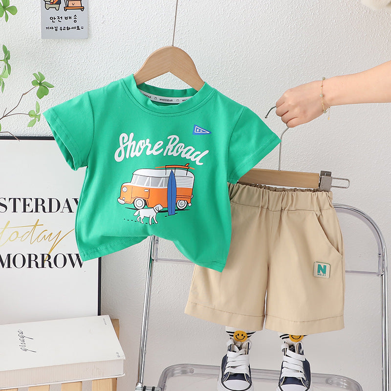 Boys Car Graphic T-Shirt With Elasticated Shorts 2 pc. Sets Green 1-2 Y 
