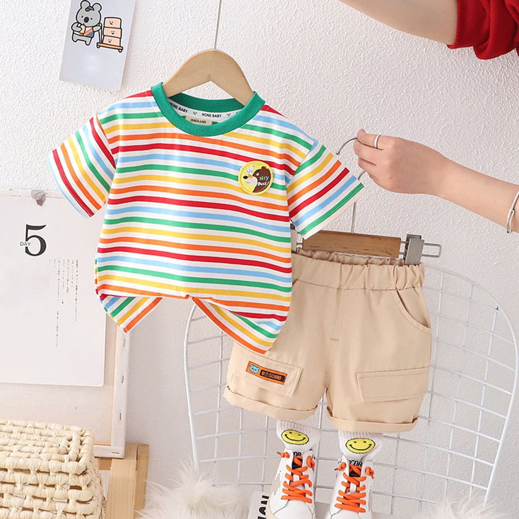 Boys Multicolor Stripes T-Shirt & Flap Shorts Sets Khaki 1-2 Y 