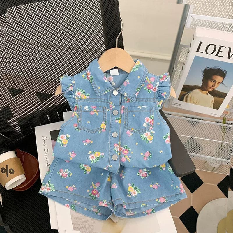 Girls Floral Print Sleeveless Shirt With Shorts Sets Blue 2-3 Y 
