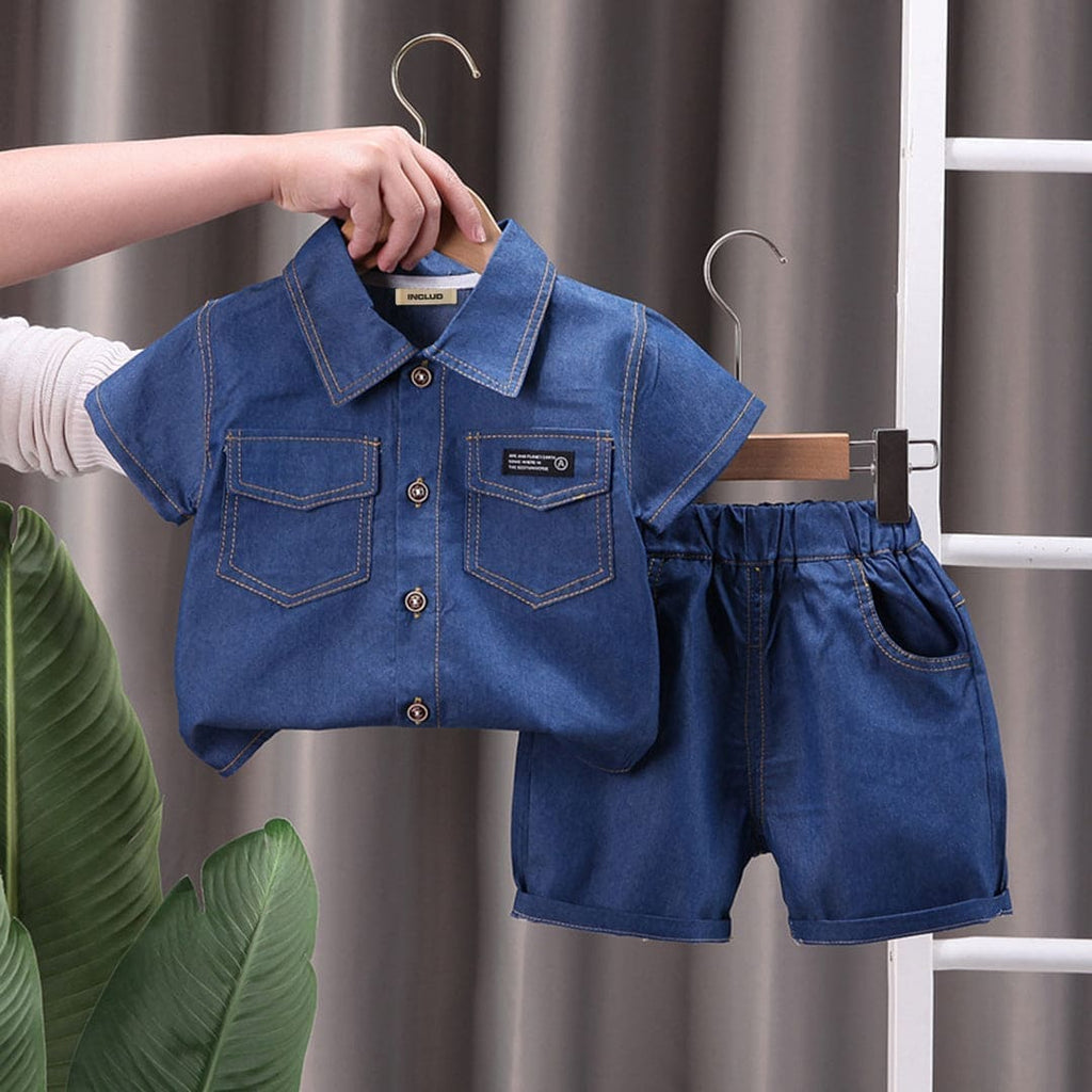 Boys Navy Blue Denim Shirt with Shorts Set (Copy) Sets Navy Blue 1-2 Y