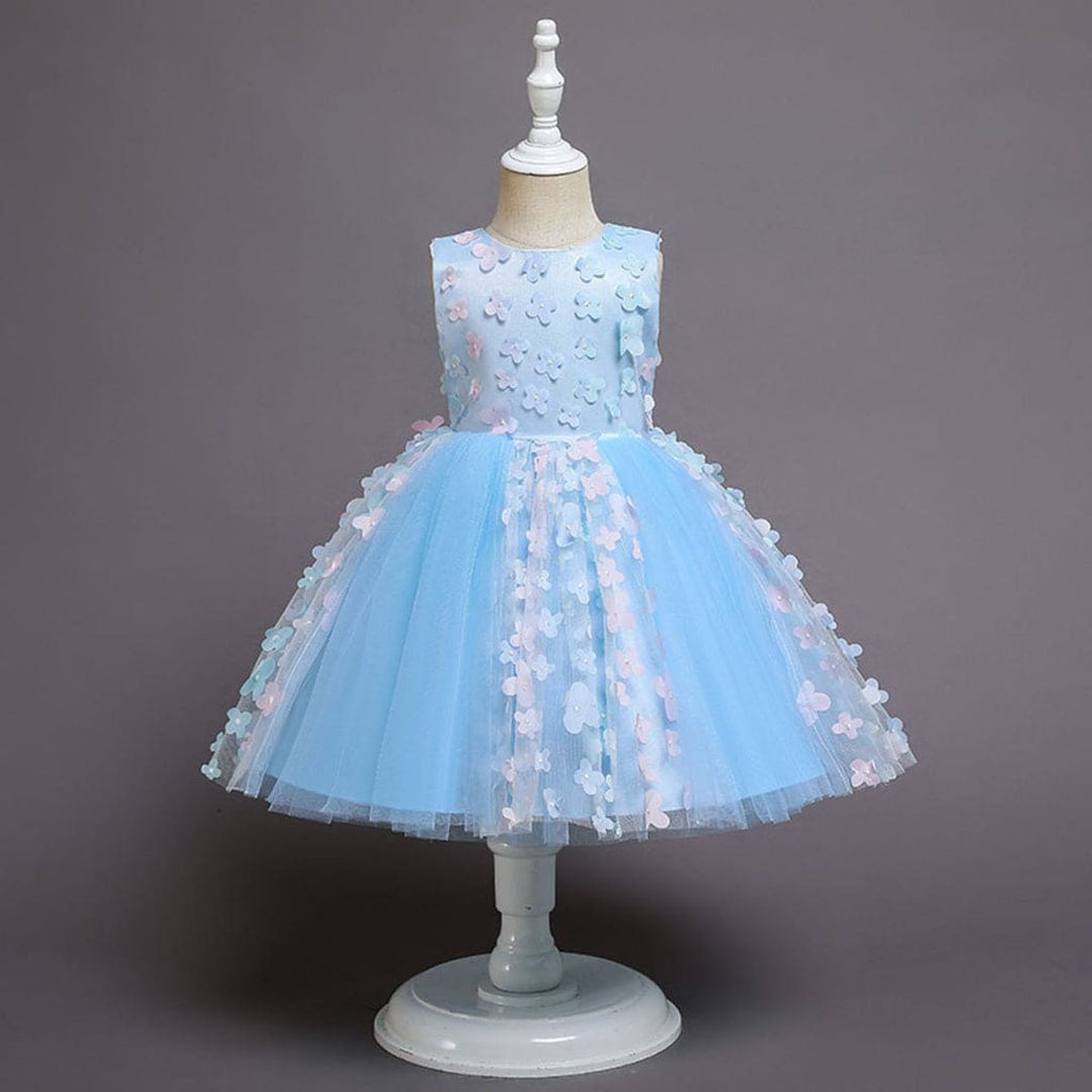 Girls Flower Applique Party Dress Party Dresses Blue 1-2 Y 