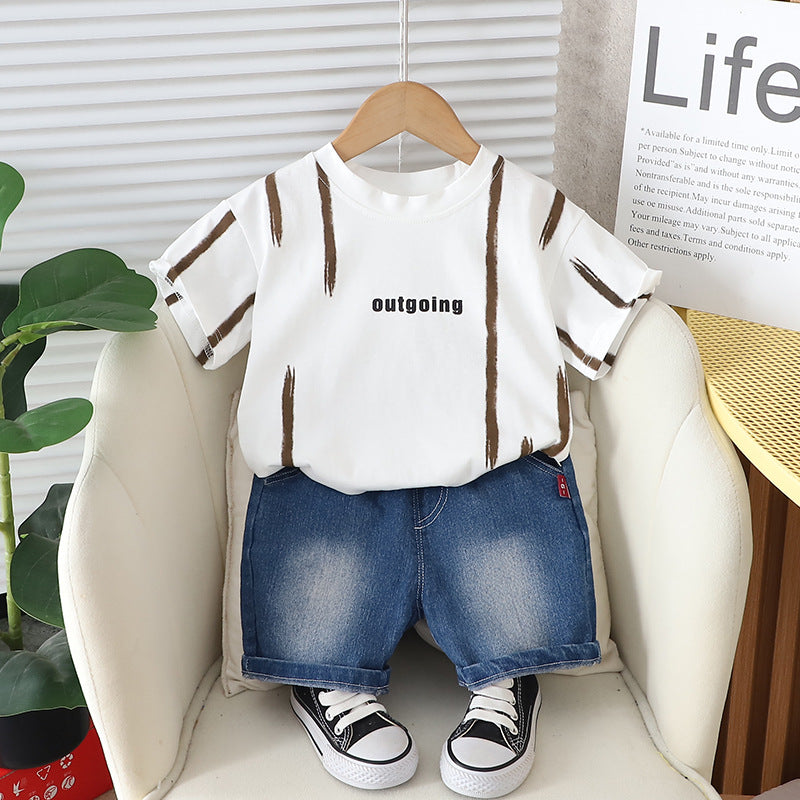 Boys Short Sleeve Printed T-Shirt With Denim Shorts 2 pc. Sets White 1-2 Y
