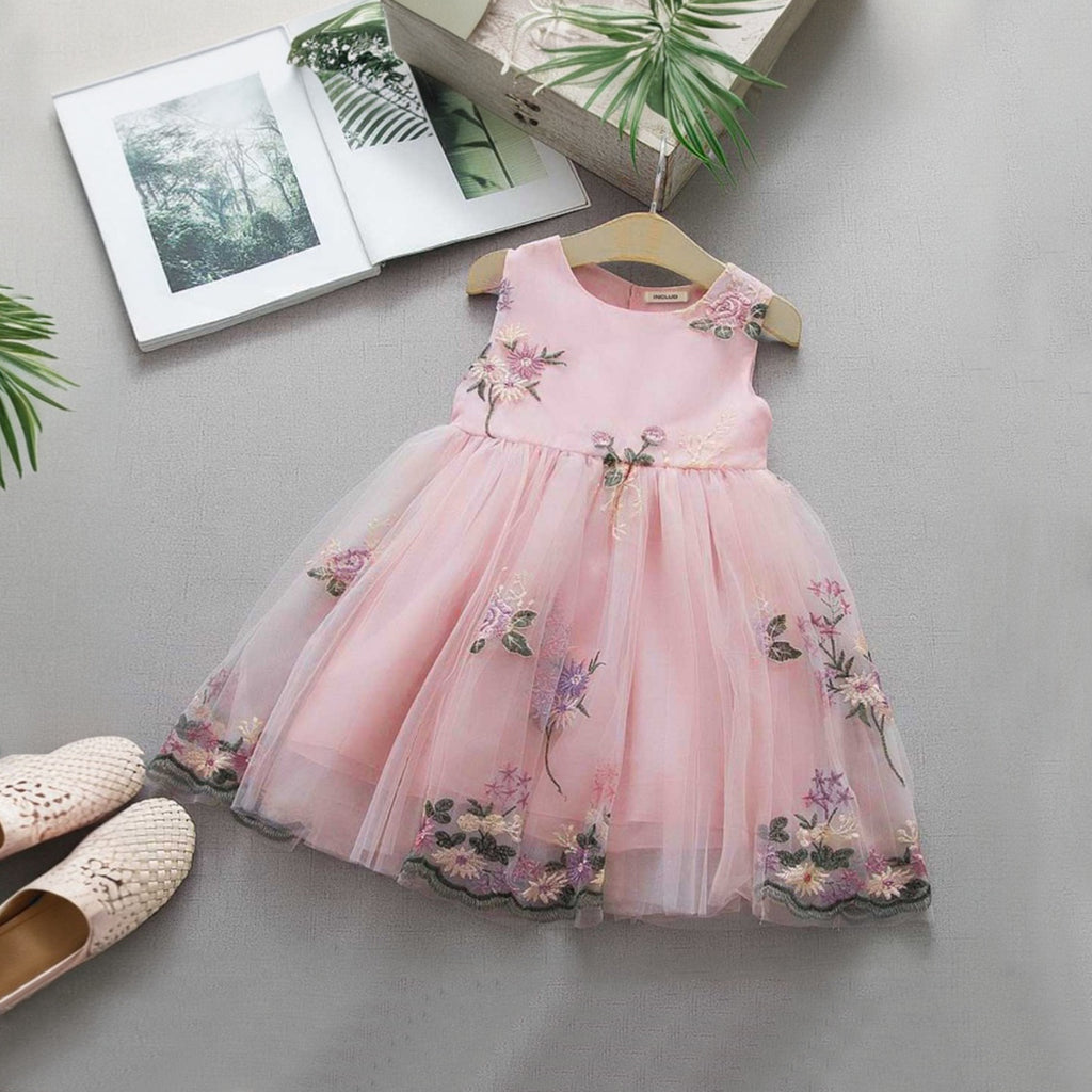 Girls Tulle Overlay Dress with Embroidery Casual Dresses Pink 2-3 Y