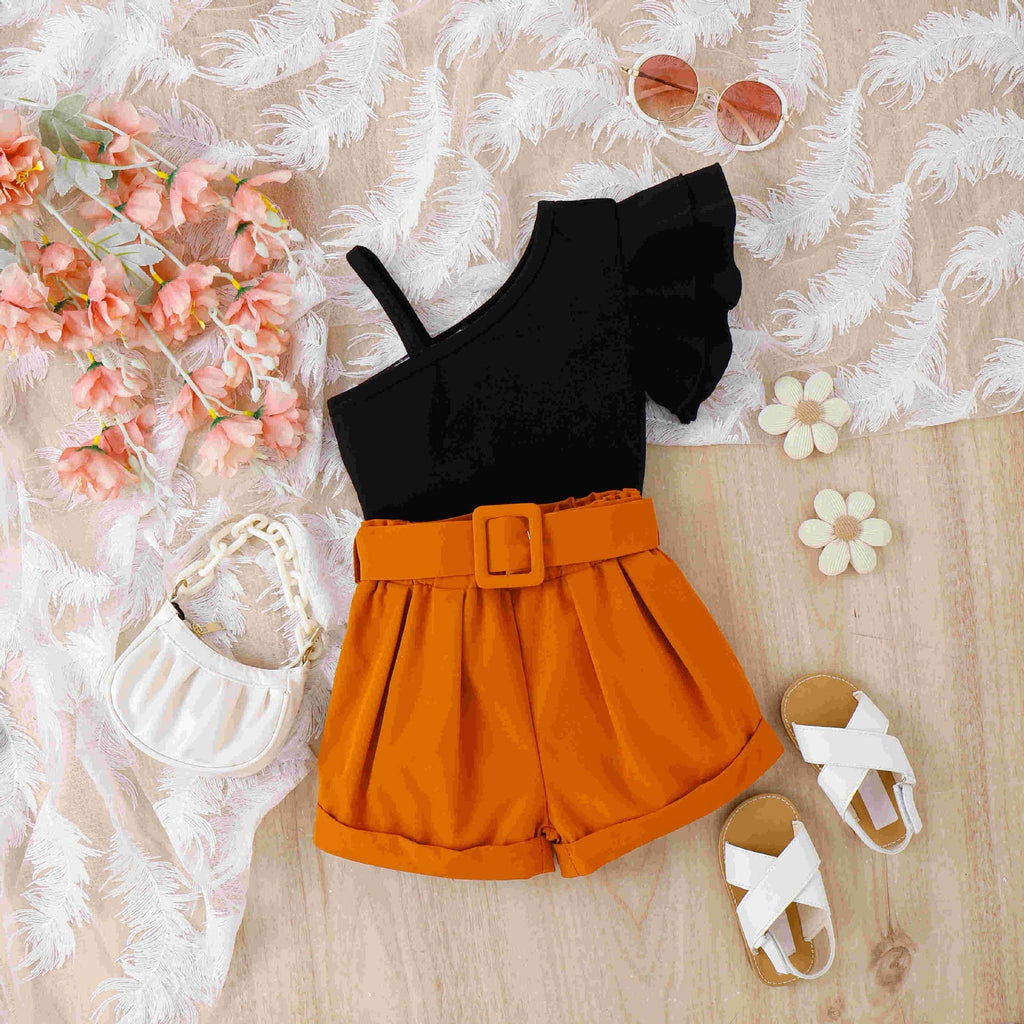 Girls One Shoulder Top With Shorts Set 2 pc. Sets Black 4-5 Y 