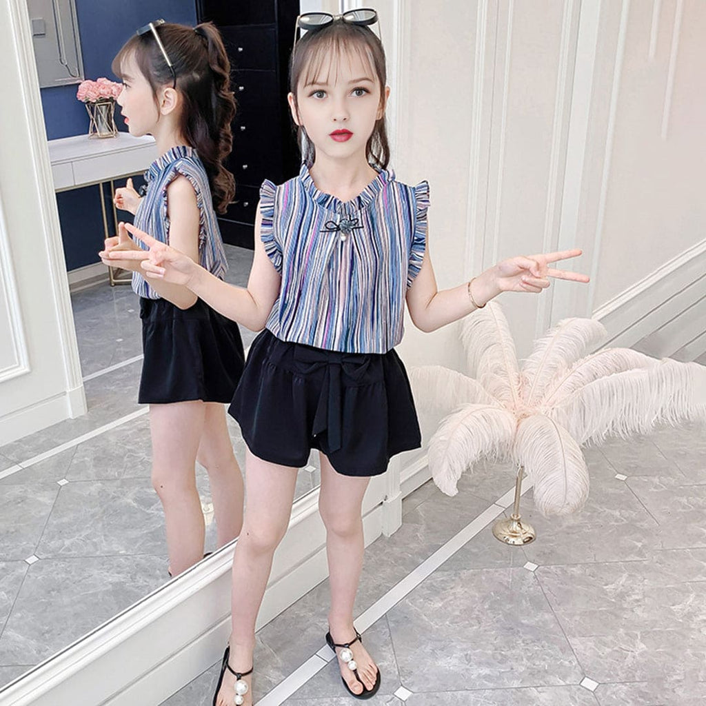 Girls Blue Striped Top with Shorts Set Sets Blue 3-4 Y 