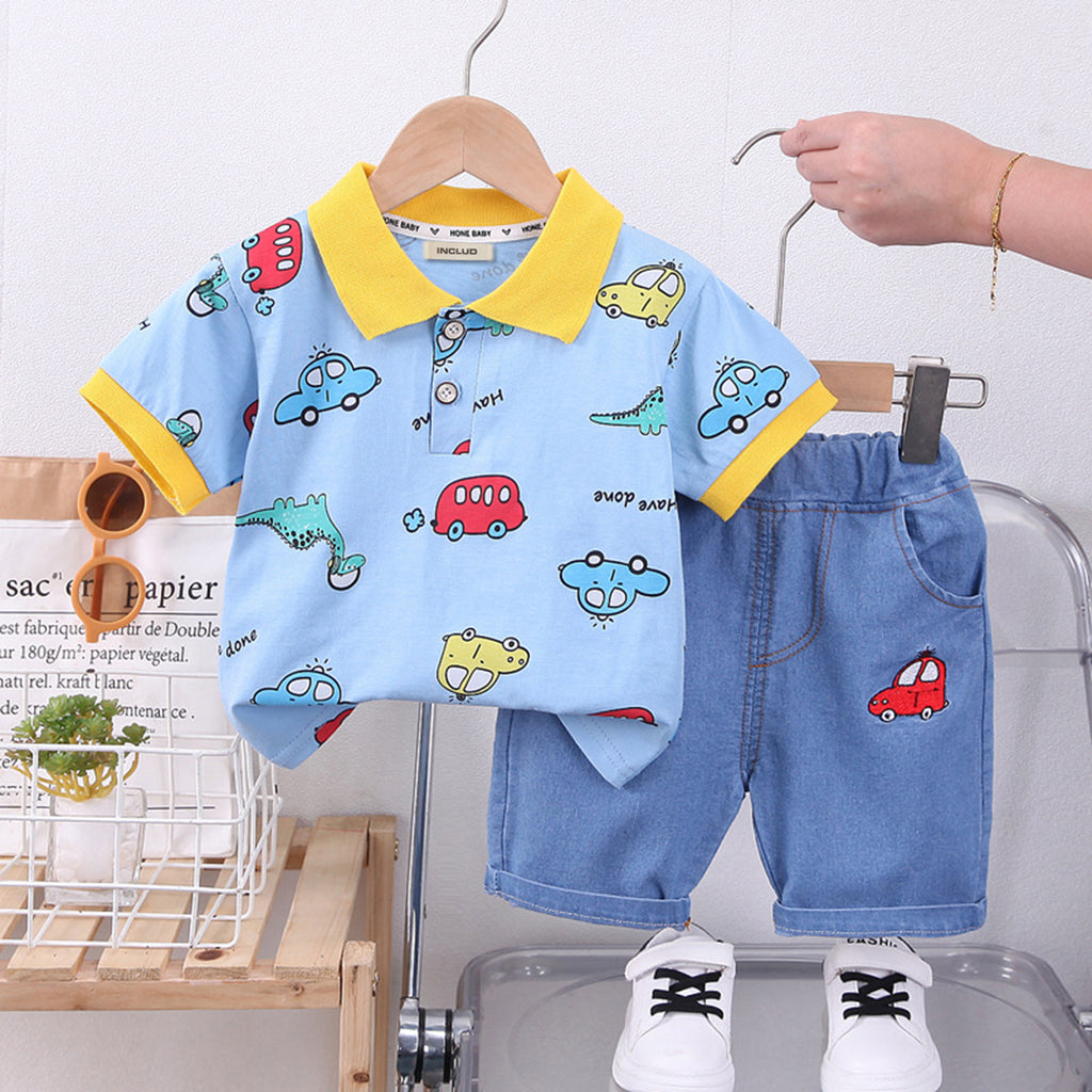 Boys Car Bus Printed Polo T-Shirt With Denim Shorts Sets Blue 1-2 Y 