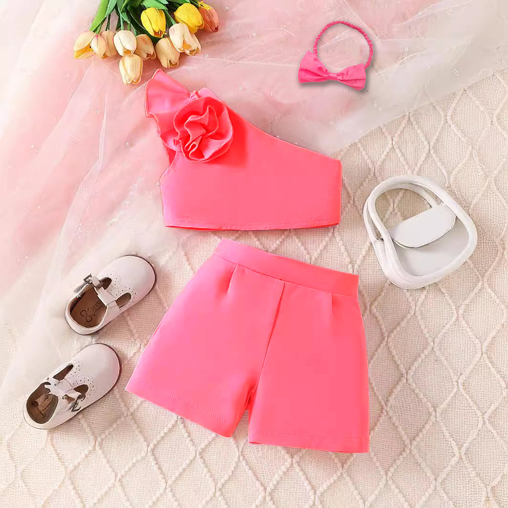 Girls Red One Shoulder Flower Applique Top With Shorts & Hairband Set 3 pc. Sets Red 1-2 Y