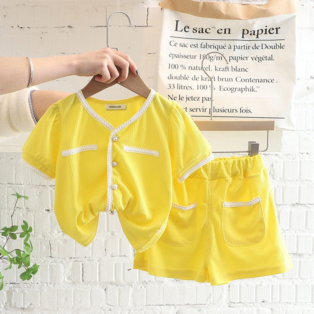Girls Knitted Top With Lace & Shorts Sets Yellow 1-2 Y 