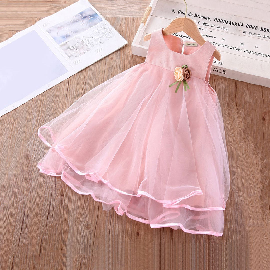 Girls Tulle Overlay Dress with Flower Applique Casual Dresses Pink 1-2 Y 