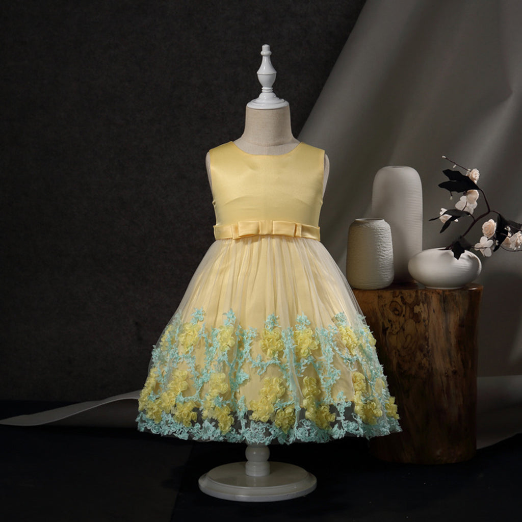 Girls Flower Applique Tulle Party Dress Party Dresses Yellow 1-2 Y 