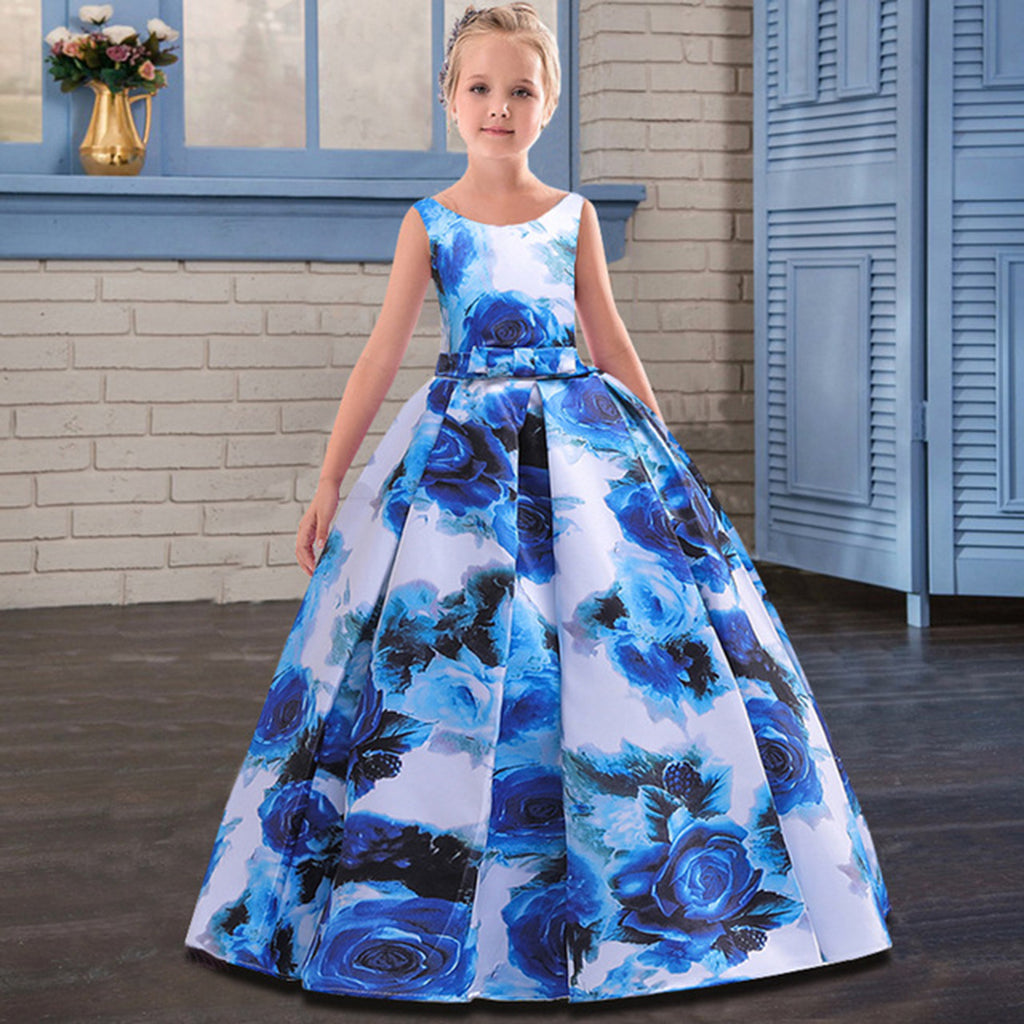 Girls Floral Print Pleated Gown Party Dresses Blue 6-7 Y 