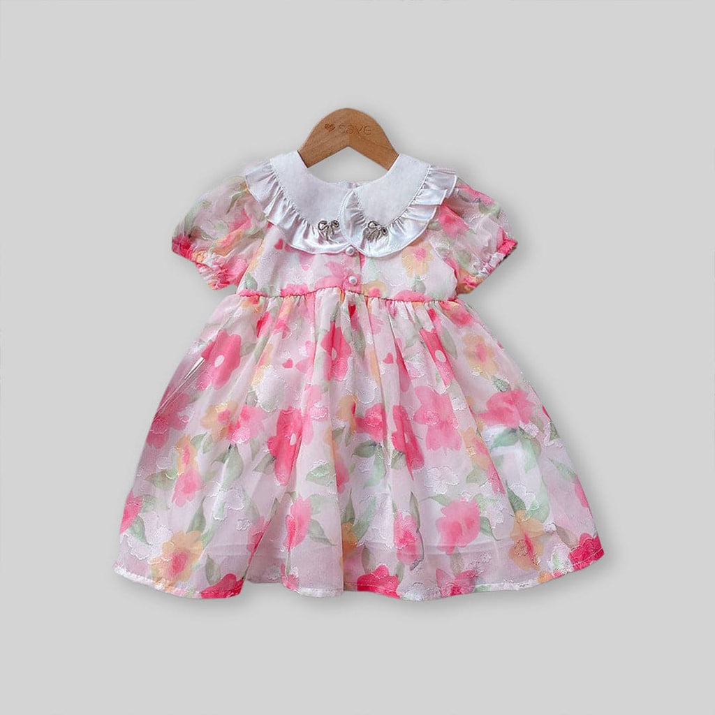 Girls Peter Pan Neck Short Sleeve Dress Casual Dresses Pink 1-2 Y 