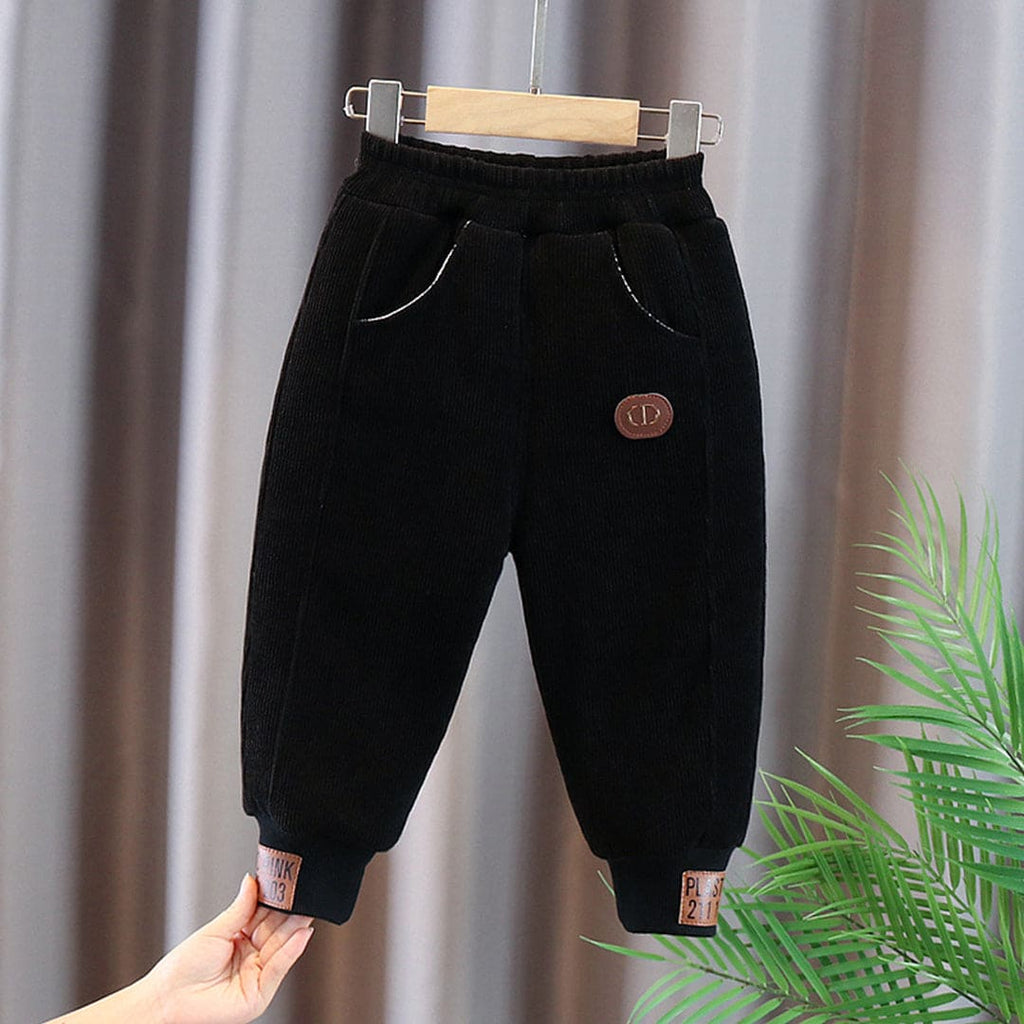 Boys Corduroy Joggers With PU Patch Trackpants & Joggers Black 1-2 Y 