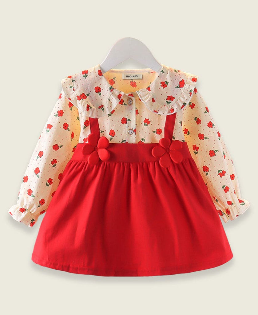 Girls Faux Strap Dress with Flower Applique Casual Dresses Red 1-2 Y 