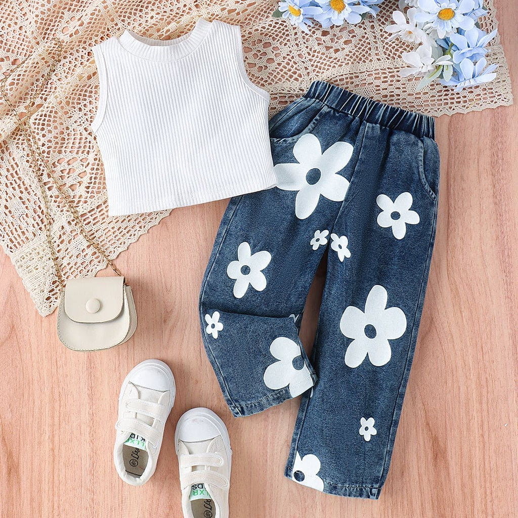 Girls Crop Top With Printed Elasticated Denims Set (Copy) Sets White 1-2 Y