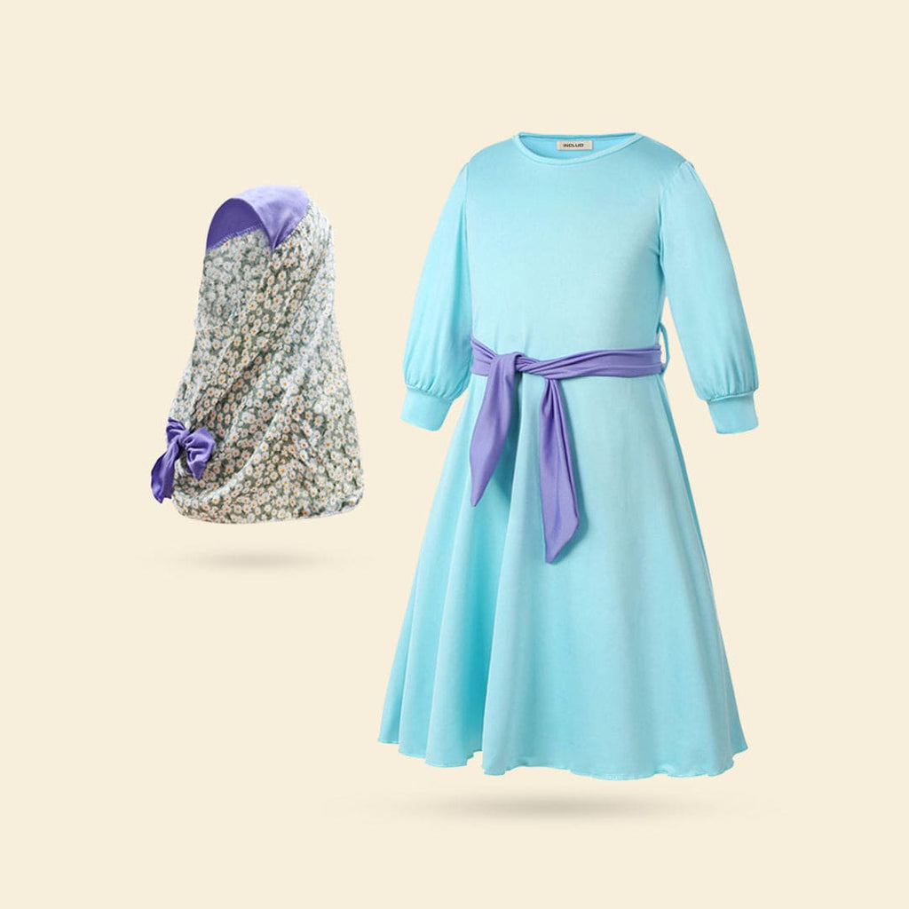 Girls Long Sleeve Round Neck Dress With Scarf Casual Dresses Blue 1-2 Y 
