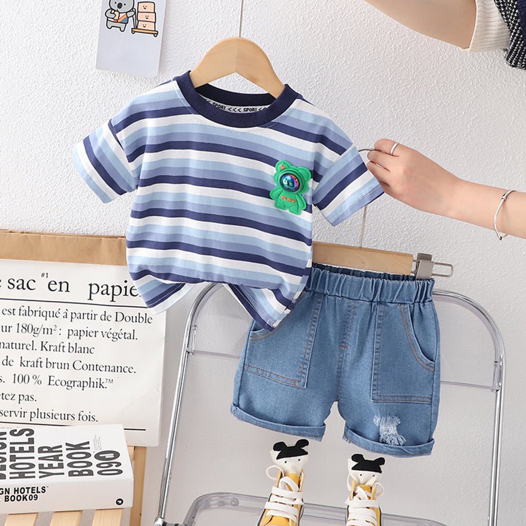 Boys Astronaut Badge Stripes T-Shirt & Denim Shorts Sets Blue 1-2 Y 