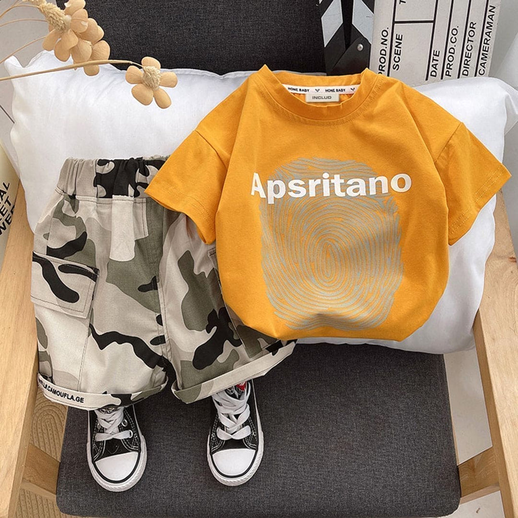 Boys Short Sleeve Printed T-Shirt With Camouflage Print Shorts (Copy) Sets Yellow 1-2 Y