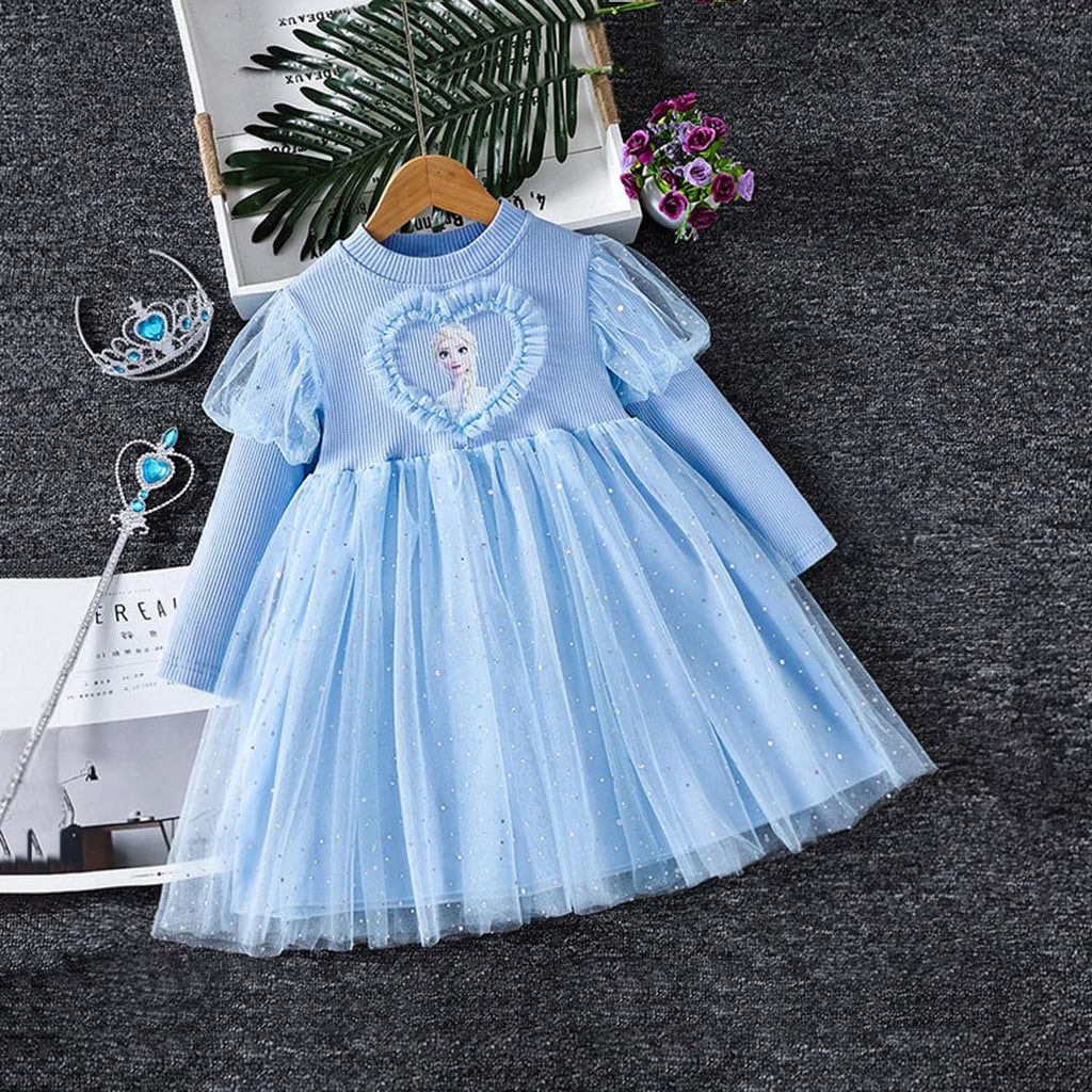 Girls Long Sleeve Elsa Frozen Princess Dress Party Dresses Blue 2-3 Y 