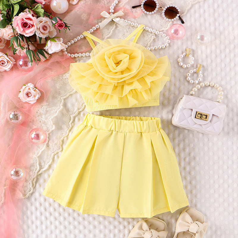 Girls Flower Applique Camisole Top With Shorts Set Sets Yellow 4-5 Y