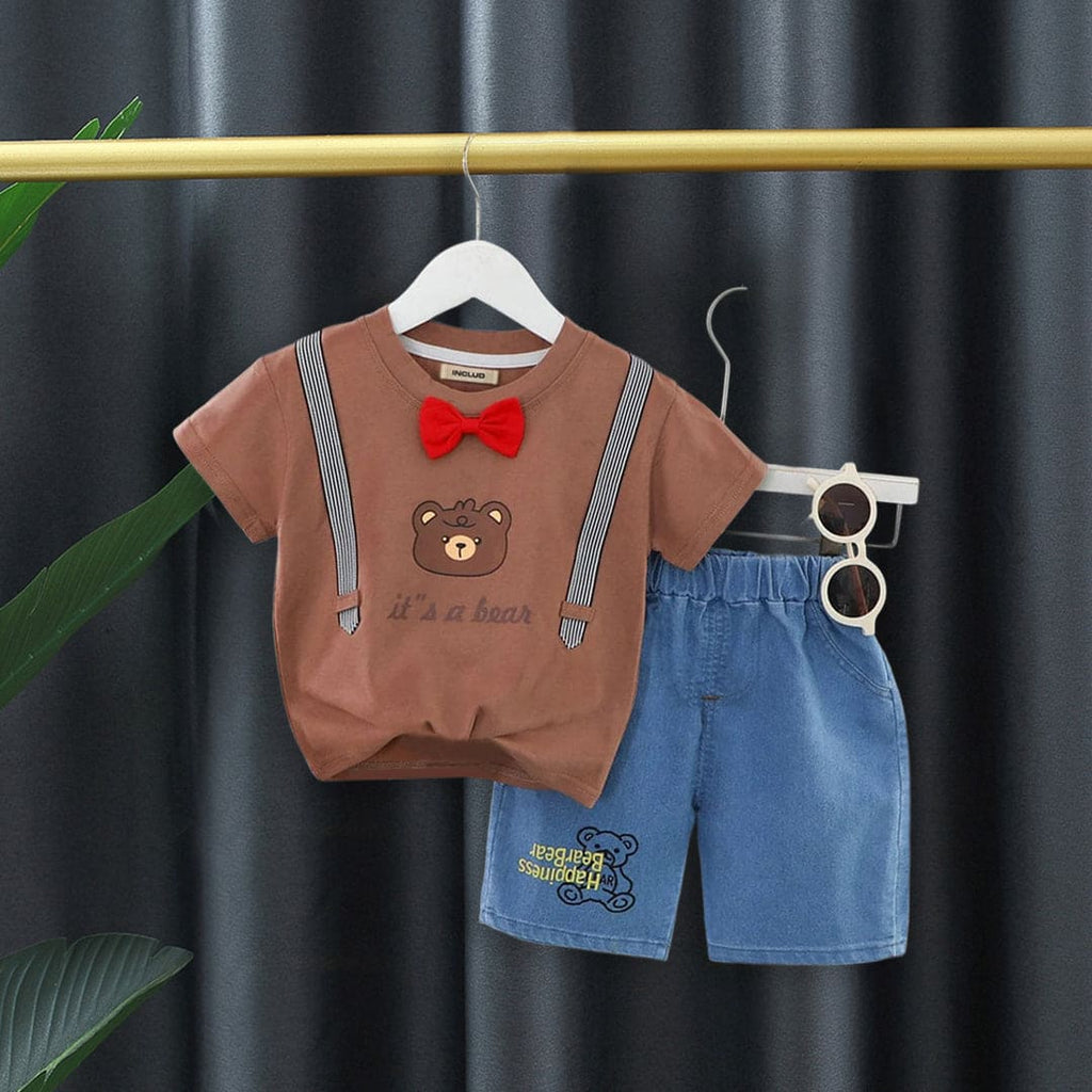 Boys Printed T-shirt with Bow & Denim Shorts Set Sets Brown 1-2 Y 