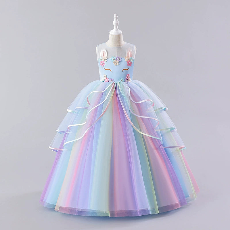 Girls Balloon Shape Flower Applique Party Dress Party Dresses Sky Blue 4-5 Y
