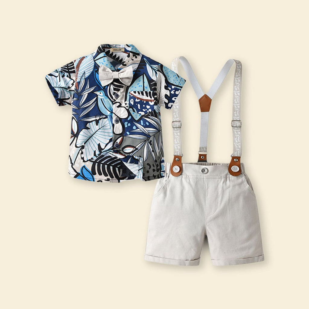 Boys Printed Shirt with Suspender Shorts Set 2 pc. Sets Beige 1-2 Y 