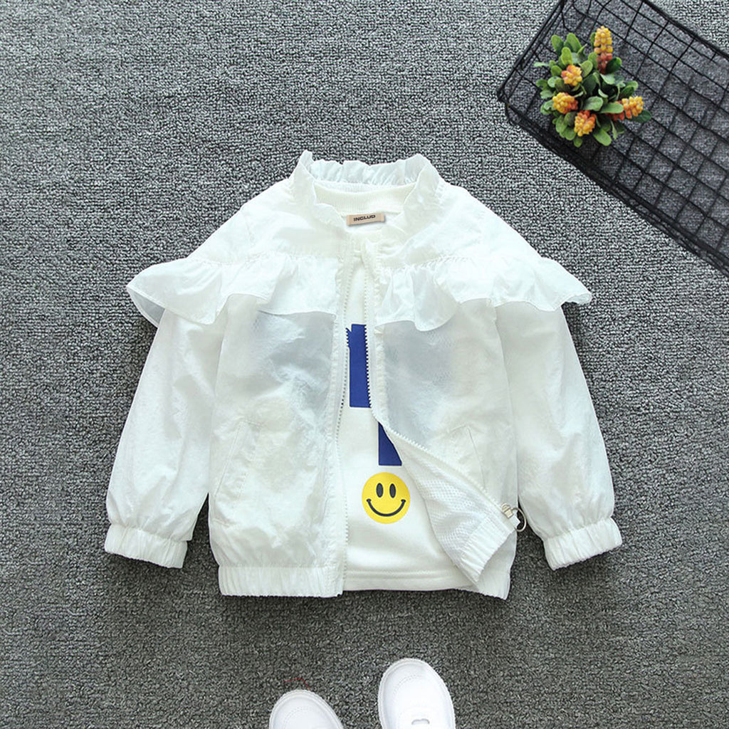 Girls White Flower Embroidered Ruffled Front Open Fashion Jacket Coats & Jackets White 1-2 Y